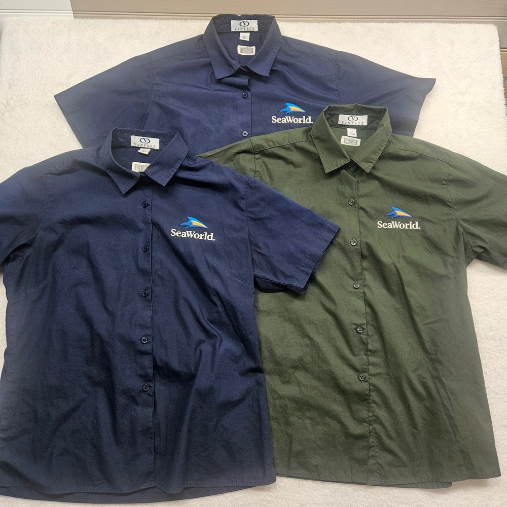 Lot of 3 Vantage SeaWorld Embroidered Button Up Shirts Navy Green Women Large